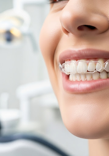 Close-up of a smiling patient wearing a clear dental aligner during an orthodontic check-up.