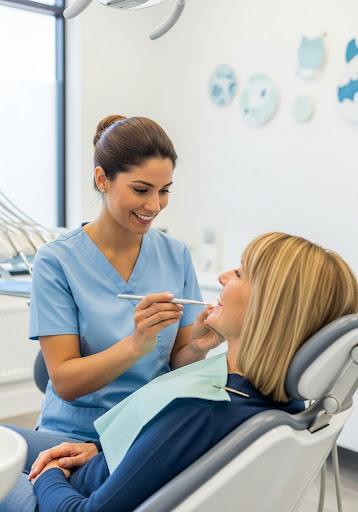 Dentist performing a routine oral check-up for a patient in a bright, modern dental clinic.