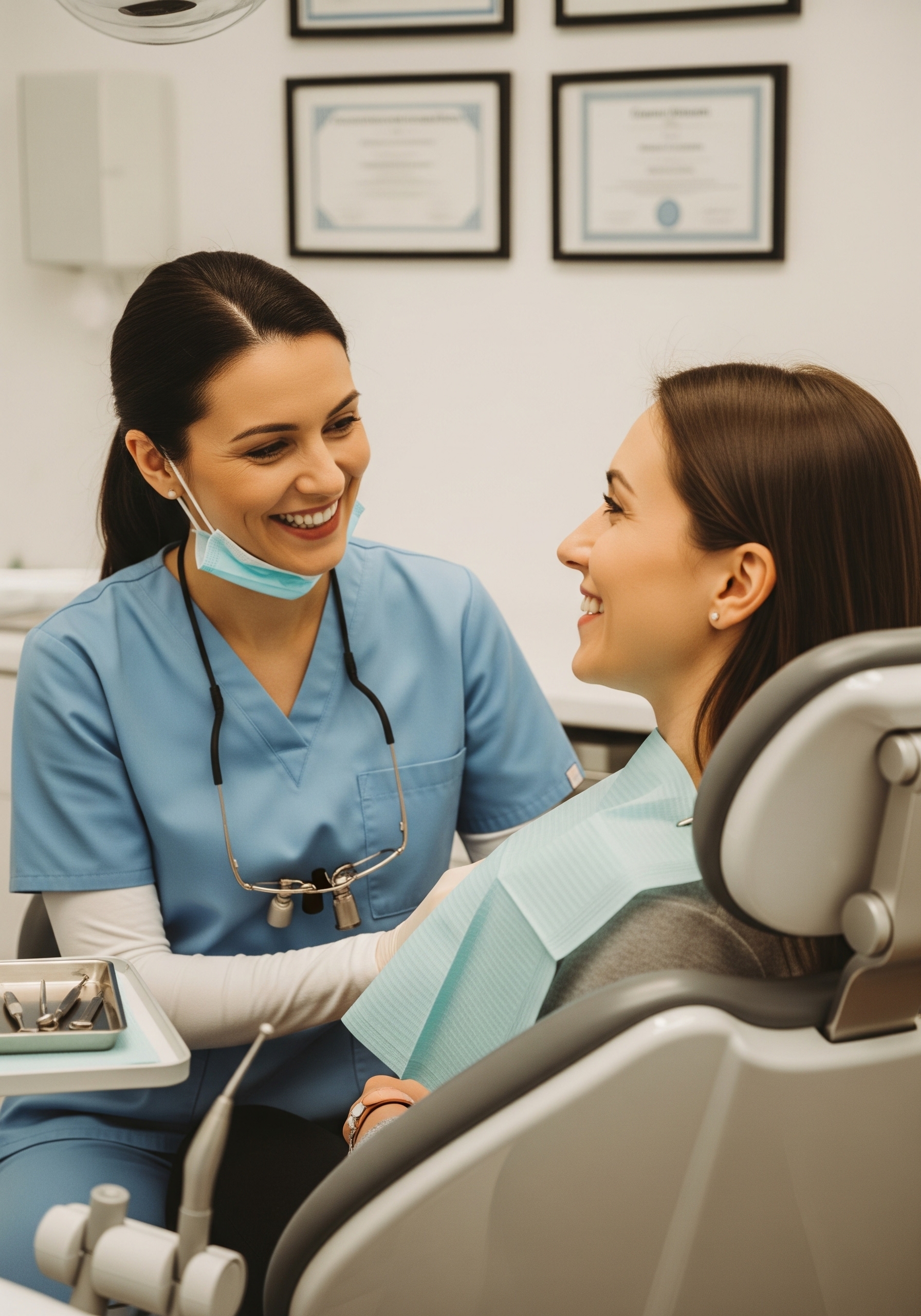 Dentist speaking with a patient in the treatment chair during a friendly consultation in a modern clinic.