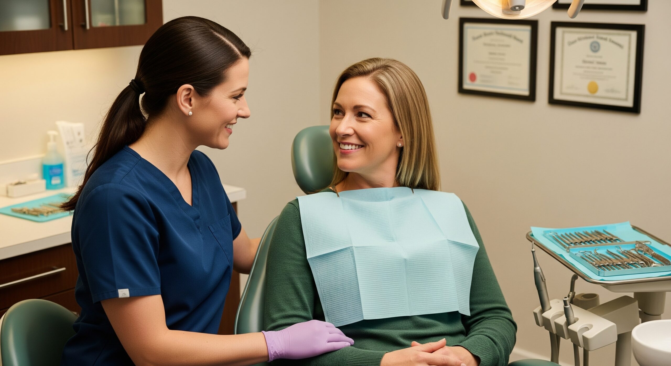 Dental assistant speaking with a patient in the treatment chair during a friendly pre-procedure consultation.