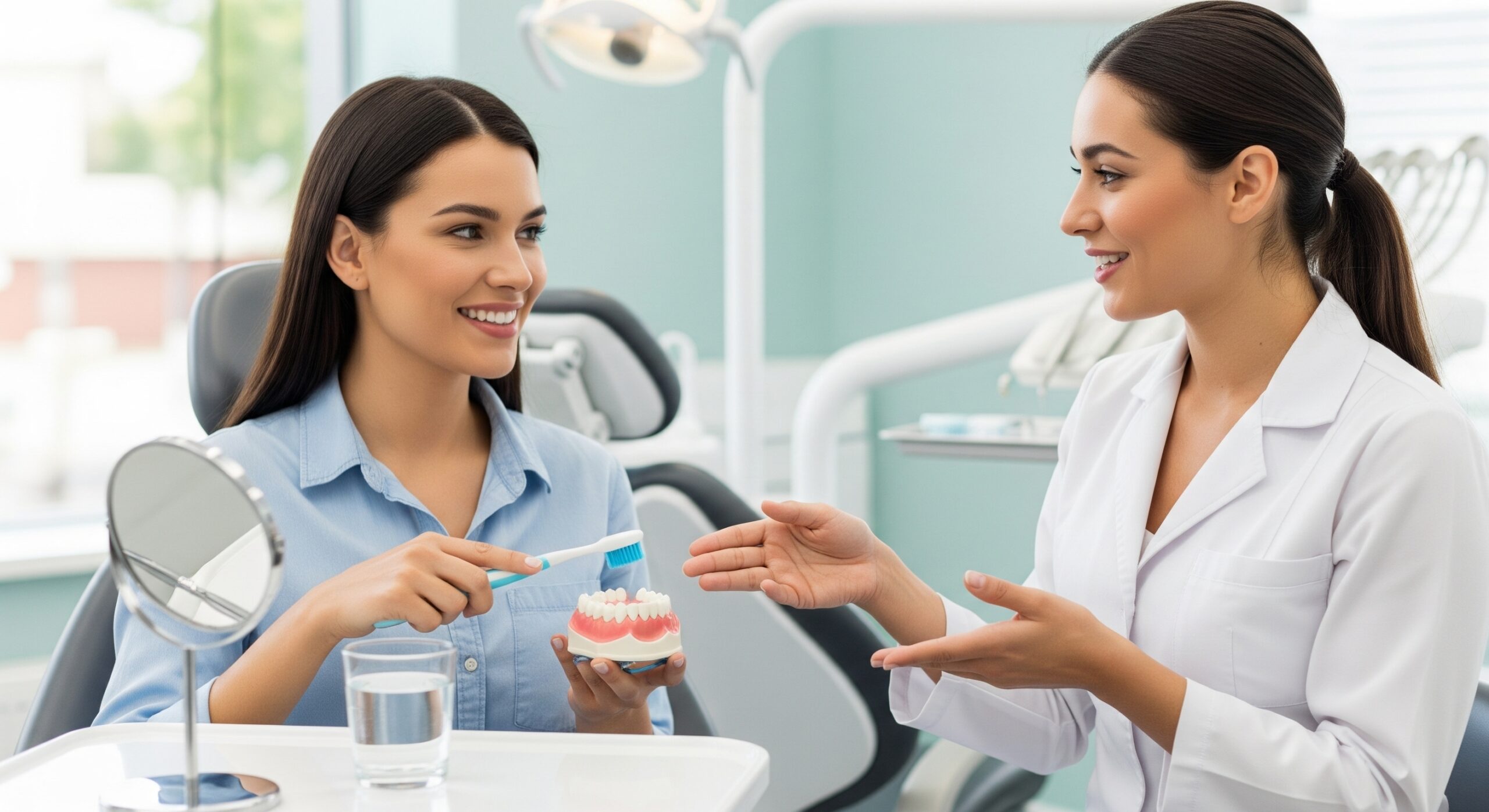 Patient practicing brushing on a dental model while a dentist guides her during an oral hygiene demonstration.