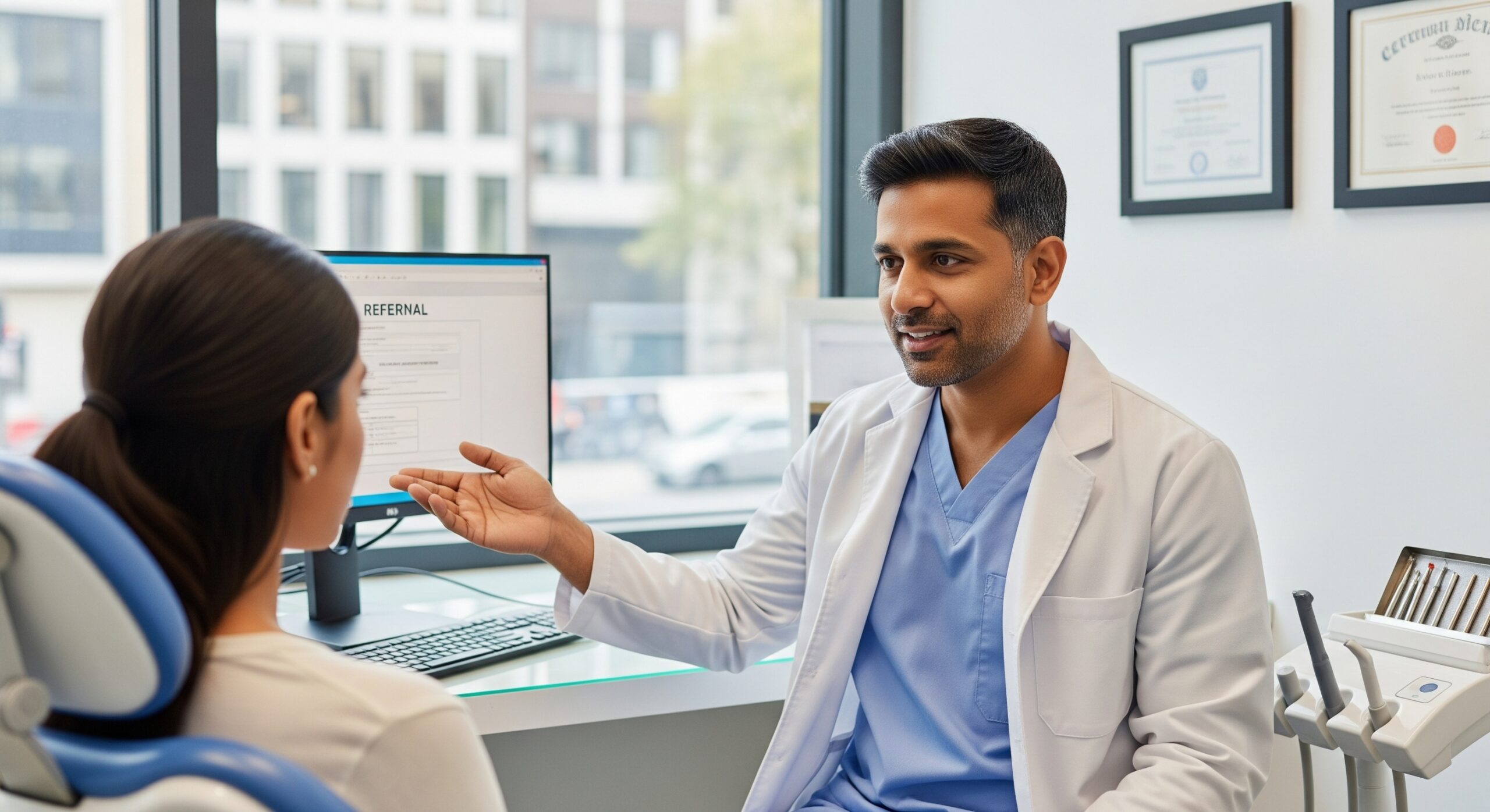 Dentist discussing treatment details with a patient during a consultation in a bright, modern clinic.