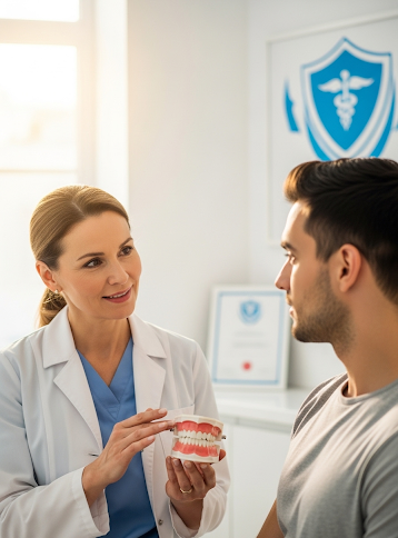 Dentist explaining dental care using a teeth model while speaking with a male patient in a clinic.