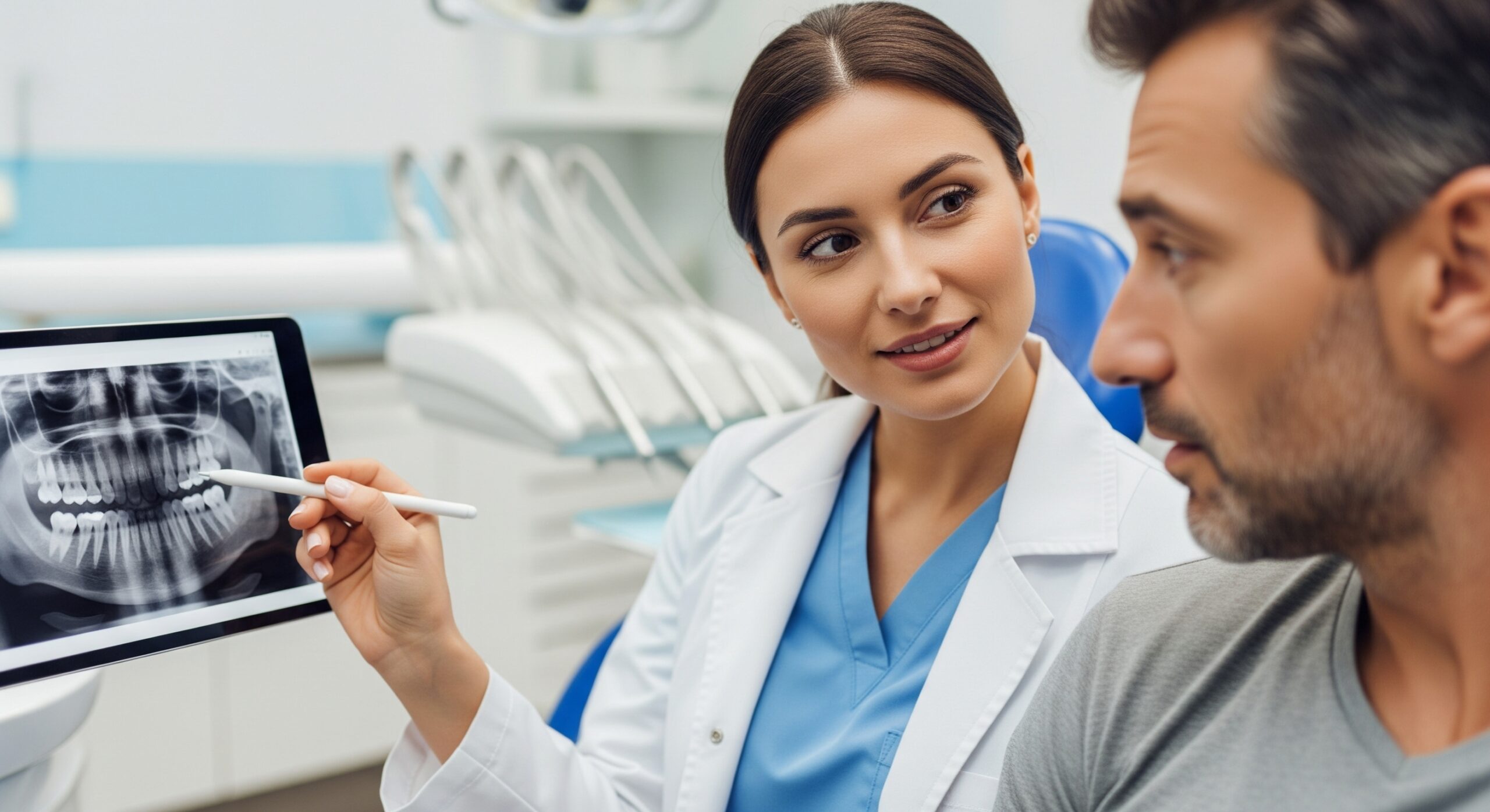 Dentist reviewing a patient’s dental X-ray on a tablet and explaining the findings during a clinic consultation.