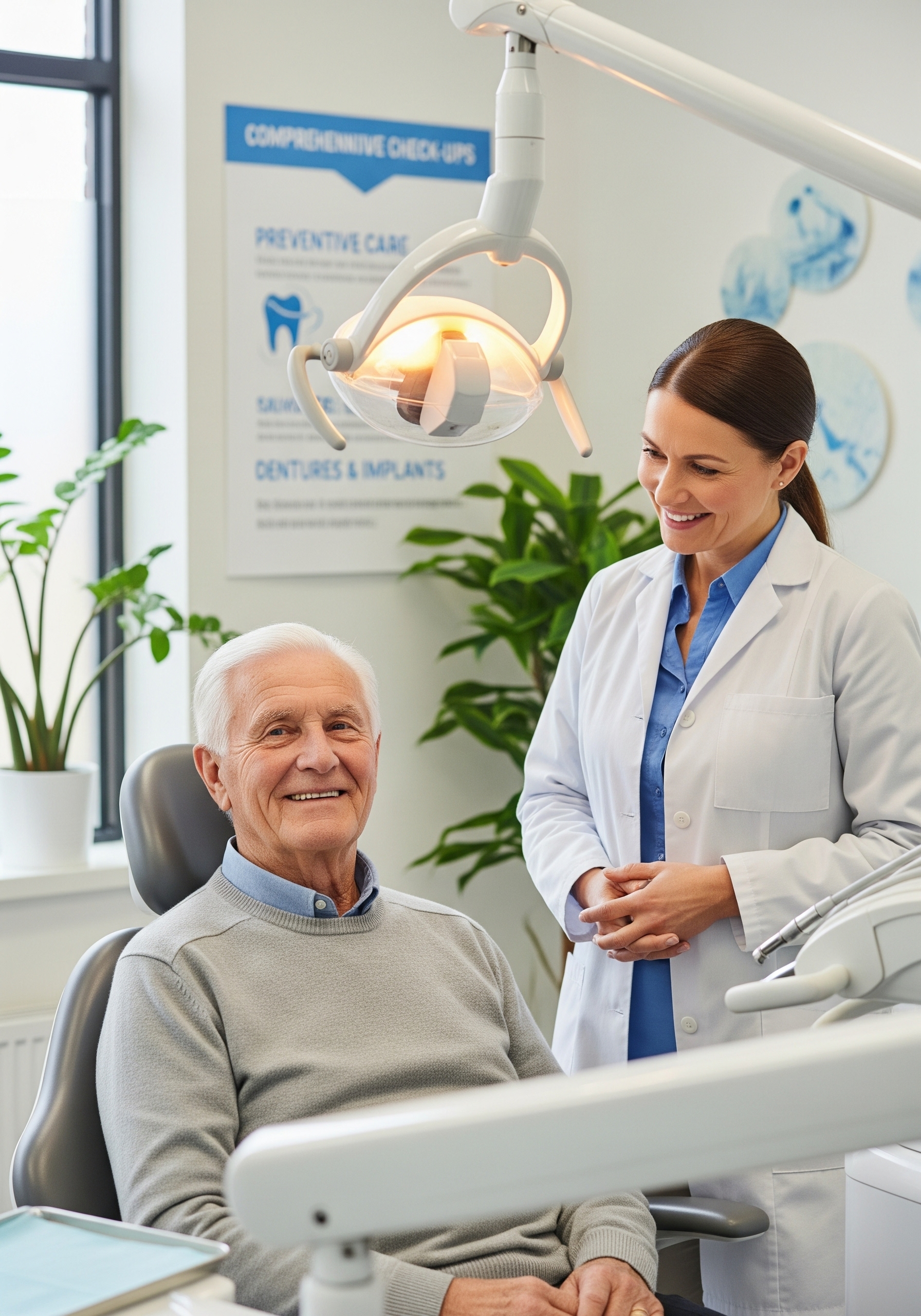 Dentist speaking with an elderly patient during a check-up in a bright, modern dental clinic.