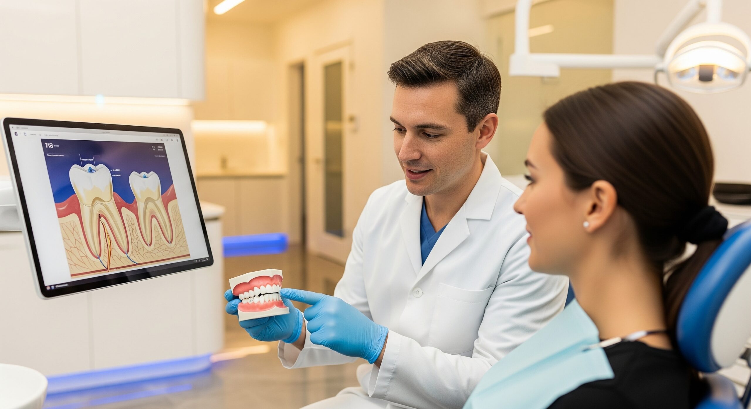 Dentist explaining tooth anatomy to a patient using a dental model and diagram on a screen during consultation.
