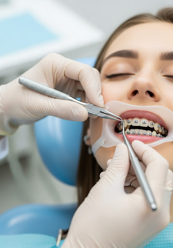 Dentist adjusting braces on a patient’s teeth using orthodontic tools during a dental appointment.