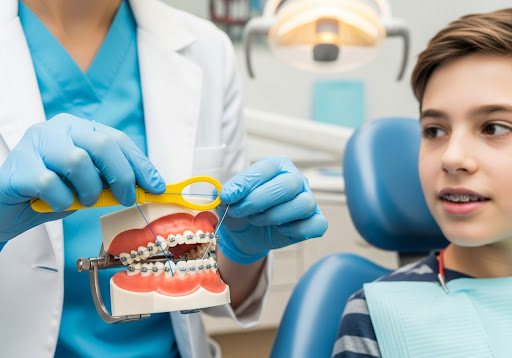 Dentist showing a braces model to a young patient during an orthodontic consultation.