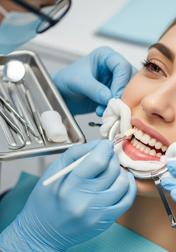Dentist performing a detailed dental procedure with multiple instruments inside the patient’s mouth.
