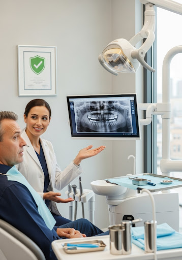 Dentist discussing a patient's dental X-ray while seated together in a modern clinic setting.