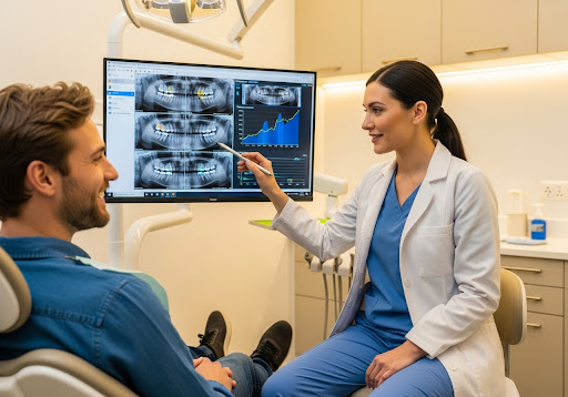 Dentist showing a patient their dental X-rays on a monitor during a consultation in a modern clinic.