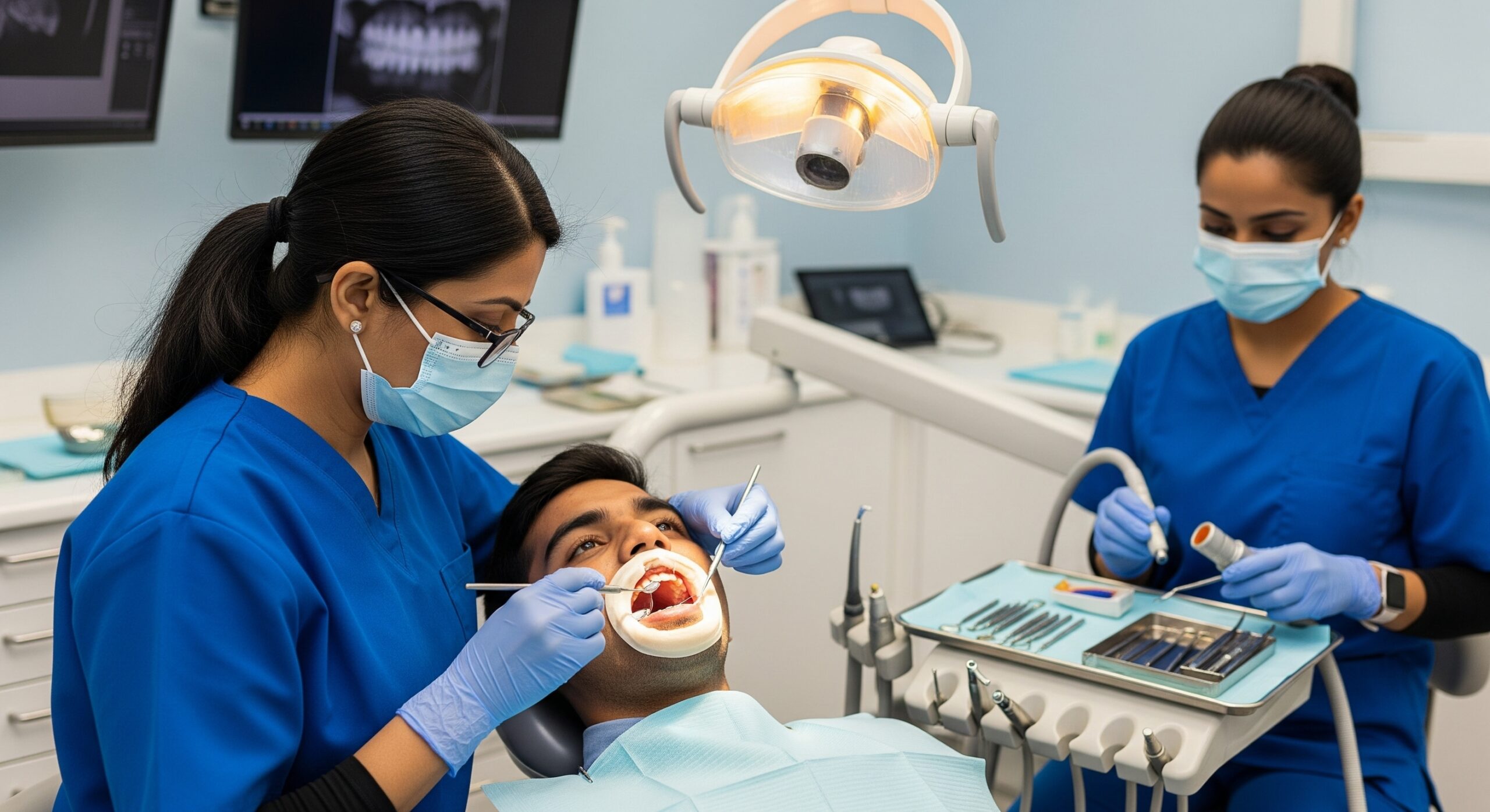 Dental team performing a detailed oral procedure on a patient using professional instruments in a modern clinic.