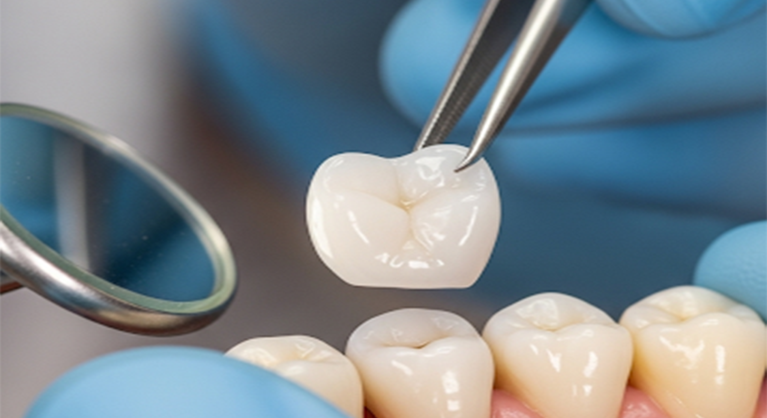 Dentist positioning a ceramic crown above a prepared molar during precise restorative dental treatment.
