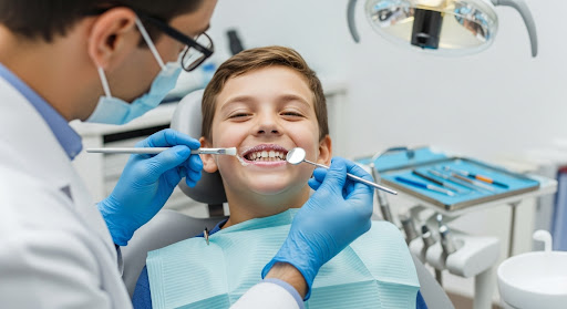 Dentist performing a routine dental checkup on a smiling young boy in a bright, modern clinic environment.