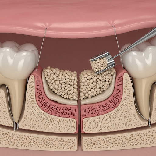 3D illustration of bone graft material being placed into the jawbone to prepare the site for a dental implant.