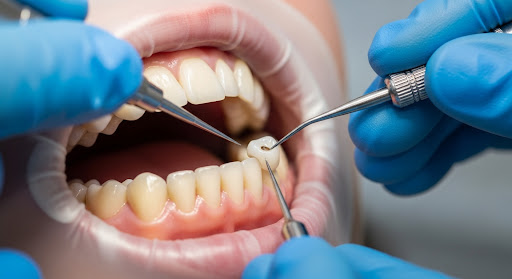 Close-up of a dental restoration procedure with tools placing a filling on the patient’s lower tooth.