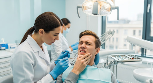 Dentist examining a patient experiencing tooth pain during a clinical evaluation in a modern dental office.