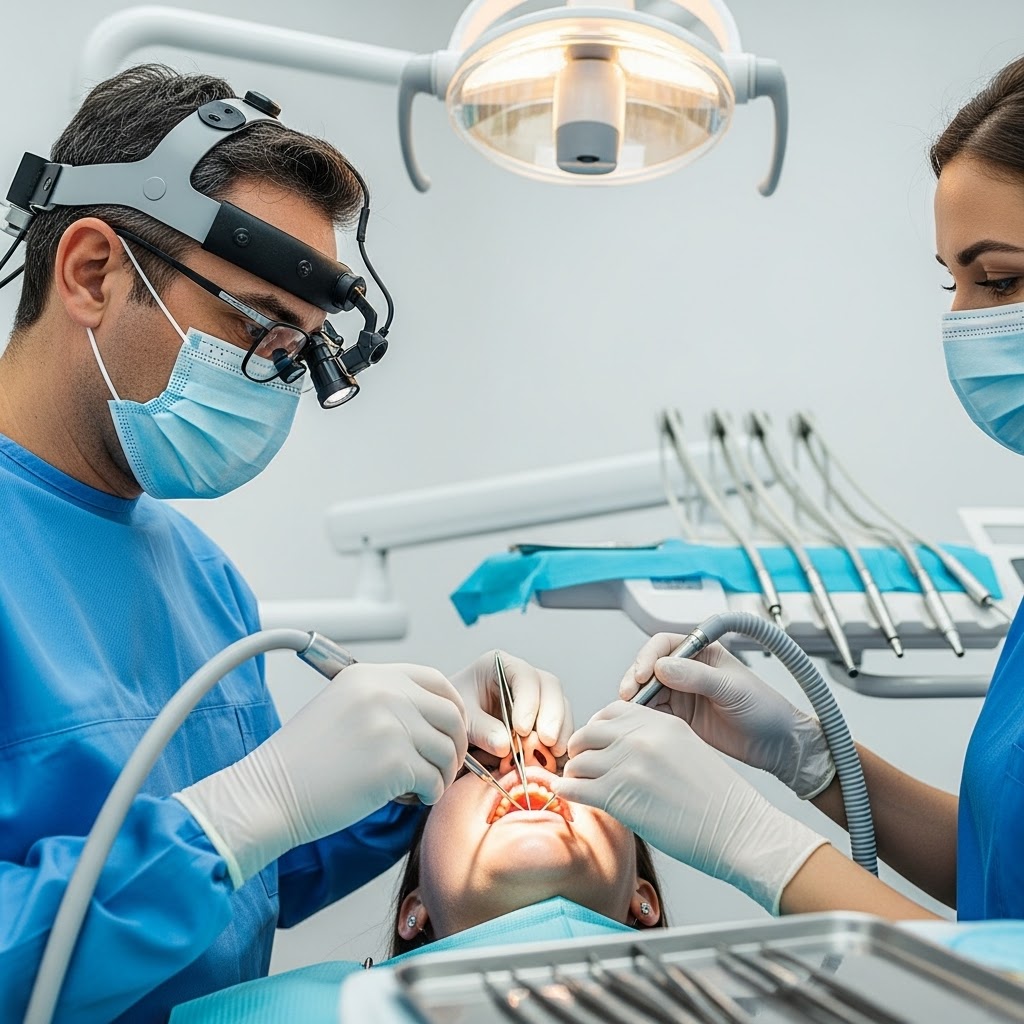 Dentist and assistant performing a dental procedure under bright operatory light using specialized instruments.