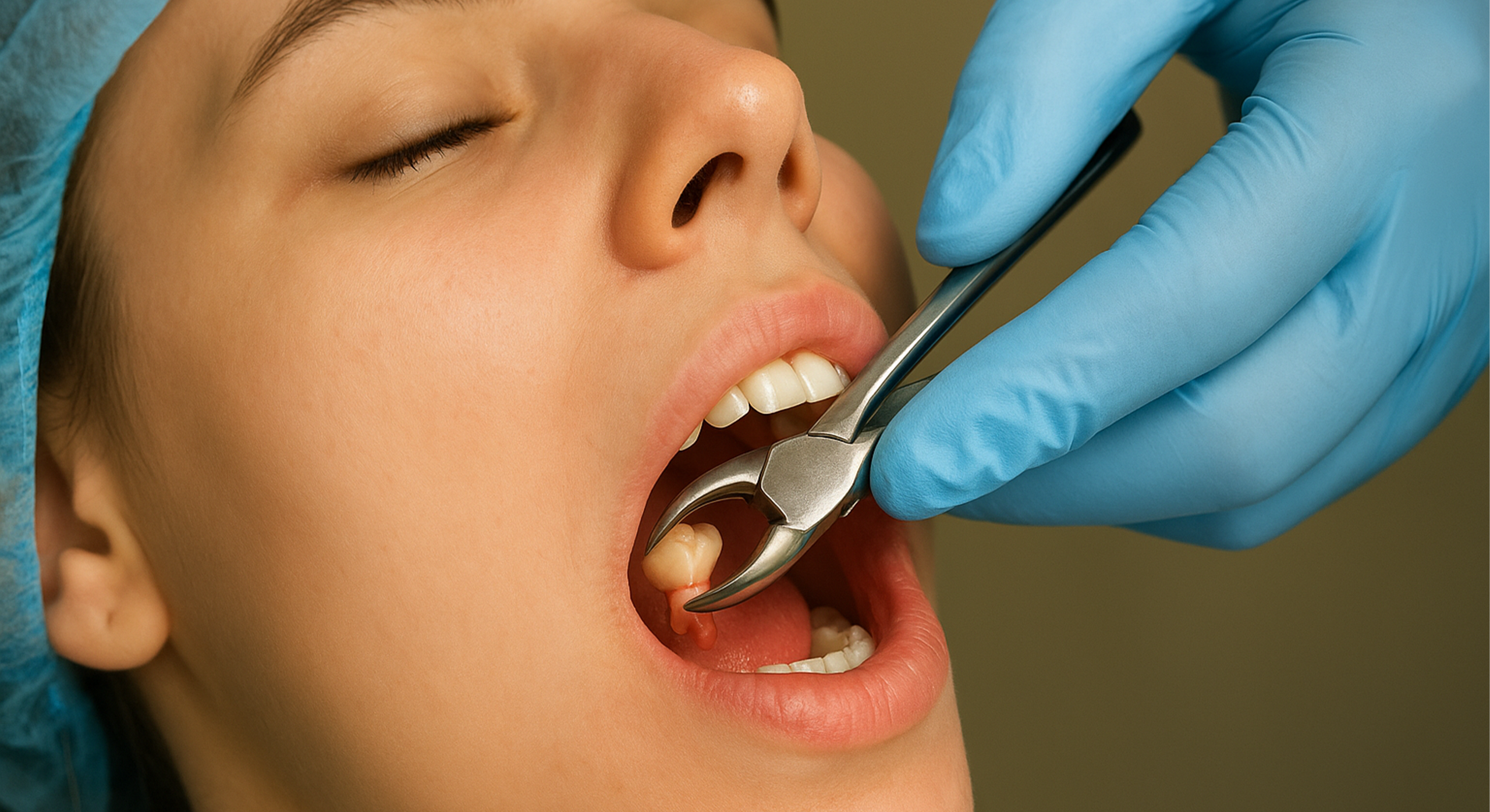 Dentist performing a tooth extraction using forceps while the patient rests with mouth open in a clinical setting.